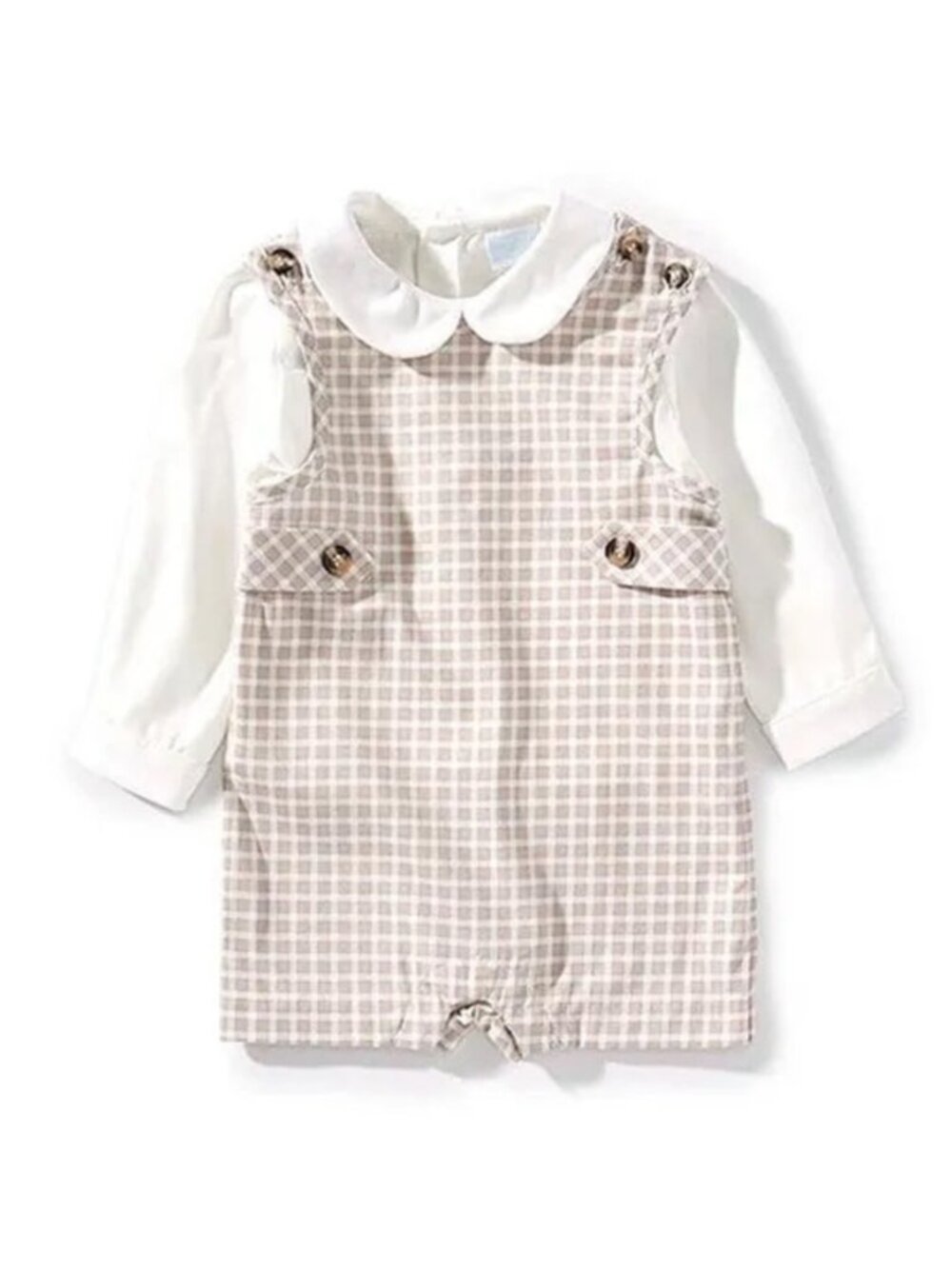 Edgehill Collection Boy's Check Jon Jon Long Sleeve Shortall Romper 18M Taupe
